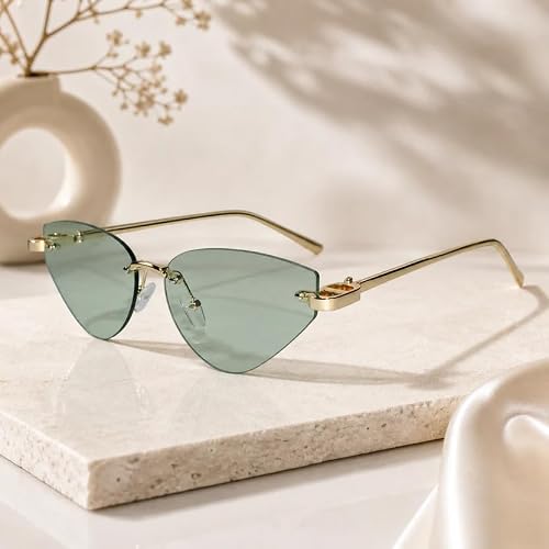 Luxury Rimless Cat Eye Sunglasses for Women | Premium UV Protected Designer Sunglasses | Stylish Lightweight Fashion Shades for Driving, Travel, Beach & Outdoor Wear (green)