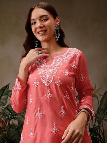 Ada Hand Embroidered Lucknowi Chikankari Muslin Short Kurti Top Tunic for Women A911435 Dark Peach (6XL)