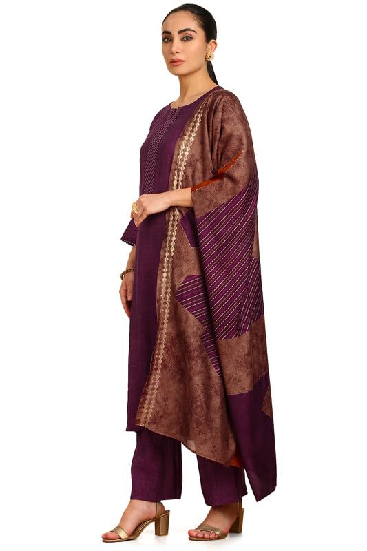 Soch Womens Wine Ethnic Print Notched Neck Muslin Blend Suit Set