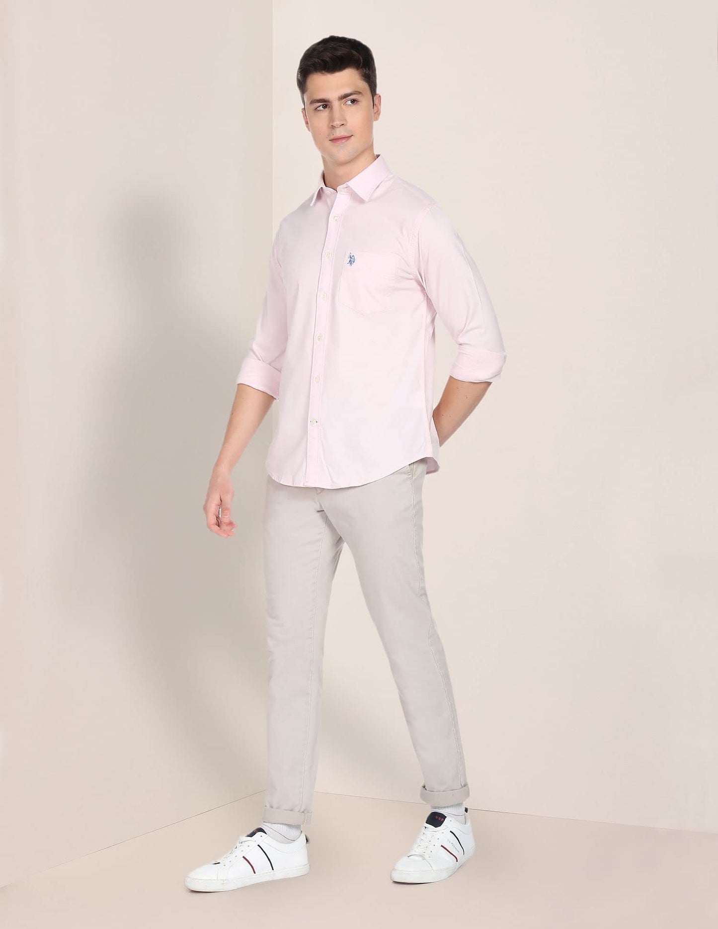 U.S. POLO ASSN. Mens Cotton Solid Oxford Fs Regular Fit Shirts (Usshtfx0014_Pink_Medium)