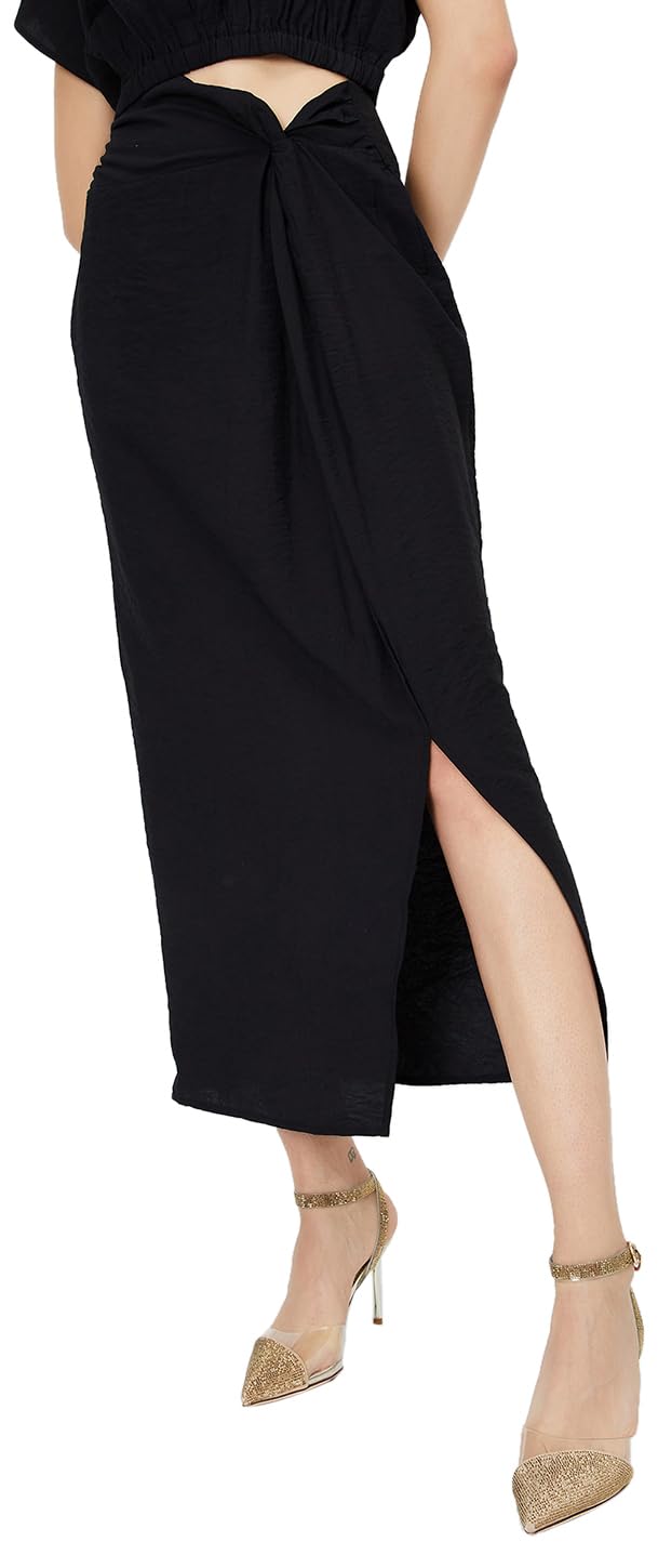 Max Women Solid Draped Skirt, Black, S