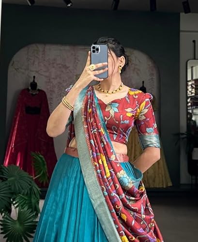 FIBREZA Women's Tussar Silk Lehenga Choli Set Semi-Stitched | Patola Print with Foil Work | Unstitched Blouse | Designer Ethnic Wear for Navratri, Wedding, Festival Prewedding Photoshoot (Rama)