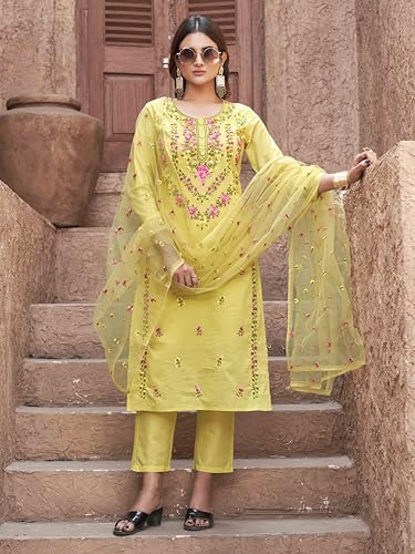 Womanista Women's Pure Cotton Kurta with Trouser & Dupatta (Kurtaset_1414_Yellow