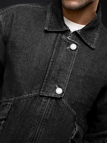 The Souled Store Denim Jacket: Midnight Men and Boys Full Sleeves Spread Collar Black Solid Cotton Spandex Regular Fit Lightweight Everyday Denim Jacket