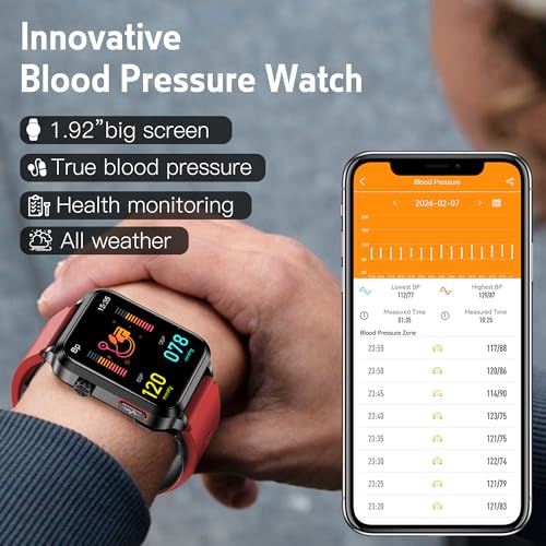 Yowow BIT Blood Pressure Smart Watch with Air Bag Air Cuff, 1.92" lPS Color Screen, 24/7 Heart Rate Blood Oxygen Sleep Respiration Rate Health Monitor Activity Tracker Familiy Data Sharing (Red)