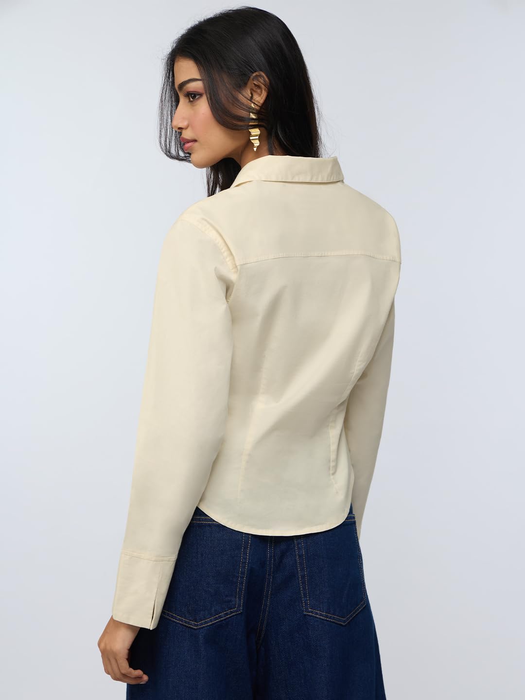 The Souled Store Corset Shirt: Off-White Women and Girls Long Sleeves Collared Neck Button Front Fitted Shirts