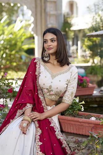 JIHU CULTURE Off-White Vichitra Silk Fabric Thread Embroidery Work Semi Stitched Lehenga Choli With Dupatta Set For Women, 44