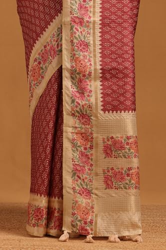 Soch Womens Deep Red Tussar Floral Saree With Zari Work