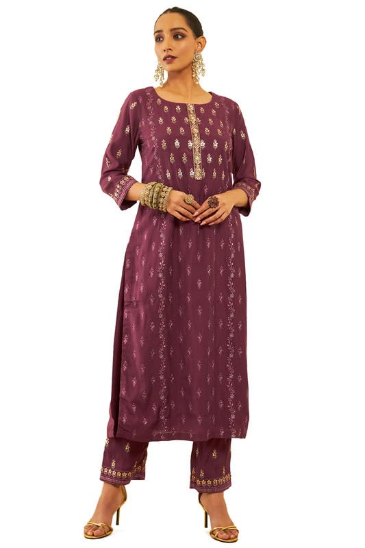 Soch Womens Wine Chanderi Floral Embellished Suit Set With Sequins