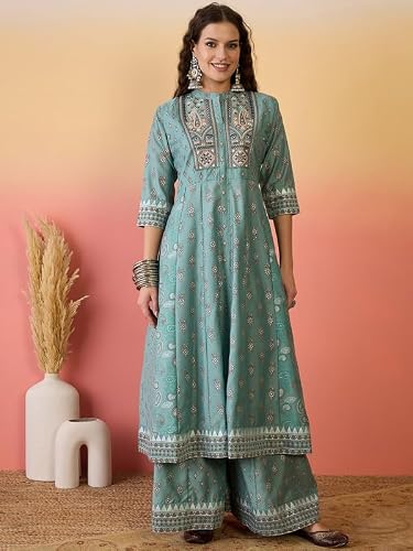AVYUKTHA Silk Kurta Palazzo & Dupatta Set For Womens | Regular Fit | 3/4 Sleeve | V Neck | Printed Embroidery | Lightweight & Comfortable | Ethenic Dress | Ideal For Weddings & Parties | M | Teal