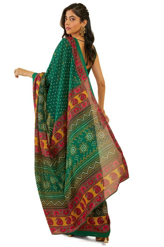 Soch Womens Green Bandhani Print Art Silk Saree