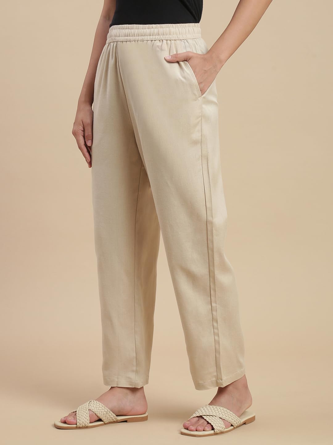 De Moza Women Regular Fit Straight Pant - Light Beige | 100% Rayon Flex | Casual & Office Wear