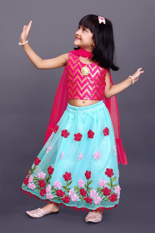 satyamfab Kids Net Fabric Thread Embroidered Work Lehenga With Jacquard Weaving Choli and Smooth Net Dupatta for Girls