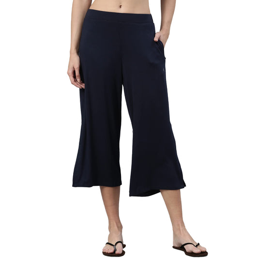 Enamor Essentials Women's Mid Rise Crop Length Soft & Drapey Stretch Viscose Culottes with Smart Side Slits - E064(E064-Navy-M)