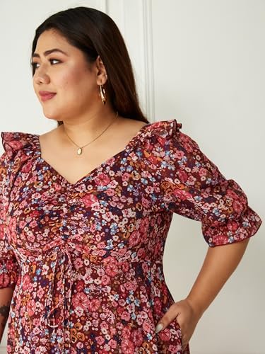 Miss Chase A+ Women's V Neck Puff Sleeve Floral Ankle Length Dress (APAW21D06-35-252-10, Multicolored-Base-Wine, 5XL)