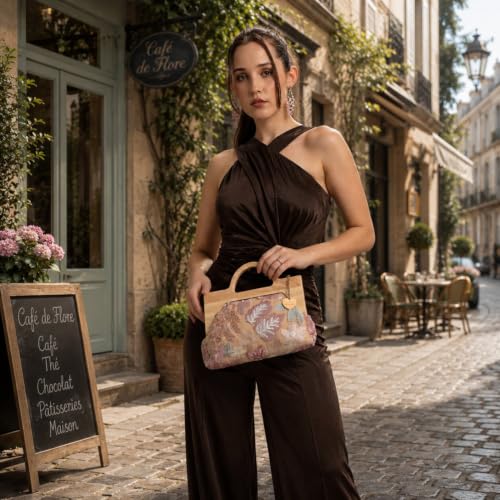 Caprese Emily in Paris Riyo Embroidered Clutch for Women | Medium Handheld Bag with Chain Strap | Faux Leather Evening Clutch | Kiss-Lock Closure | Metal Charm
