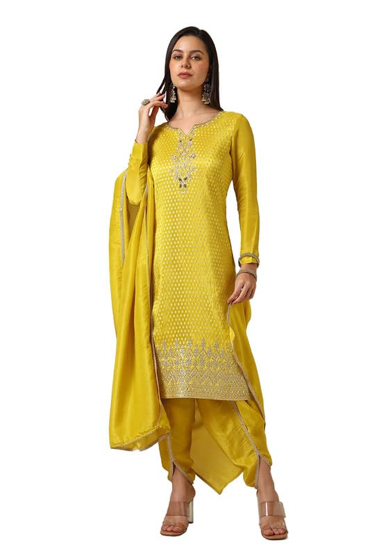 Soch Womens Mustard Tissue Woven Design Suit Set With Cutdana