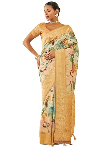 Soch Womens Gold Tussar Floral Print Saree With Zari Woven(8907175714256)