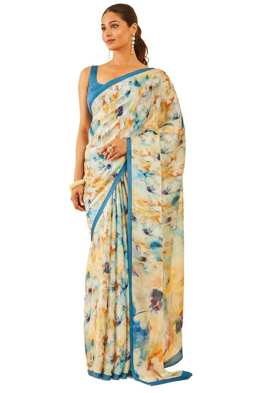 Soch Womens Blue Floral Print Crepe saree