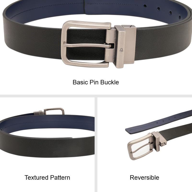 United Colors of Benetton Men's Reversible Leather Belt Grifton | Color - Black+Navy | M 90Cm | Formal & Casual | Ideal For Gifting