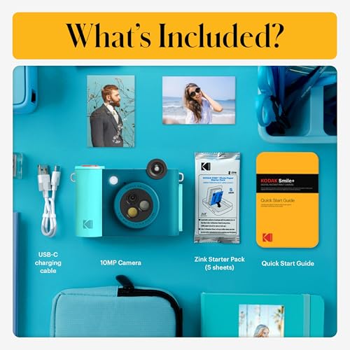 KODAK Smile+ 2-in-1 Digital Instant Camera & Photo Printer Starter Bundle - Deluxe Case + Zink 20pk Paper - 10MP, Rotating Lens - Blue