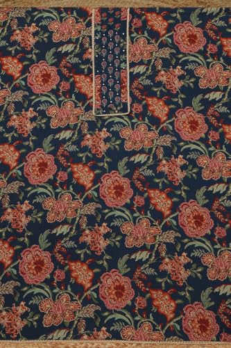Soch Womens Navy Blue Cotton Botanical Dress Material With French Knot and Faux Mirror