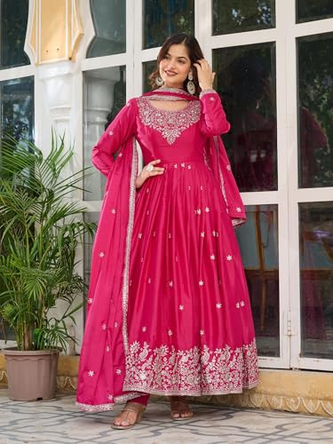 LEELI PEERI DESIGNER Women's American Silk Sequence Work Pink Anarkali Kurta with Trouser and Dupatta(52PDM1-XL)
