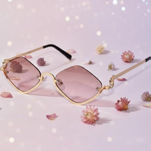 ELINE Irregular Half Frame Sunglasses for Women | Slim Narrow Gold Metal Frame | Lightweight Trendy Fashion Eyewear for Daily, Travel & Casual Wear (Brown)