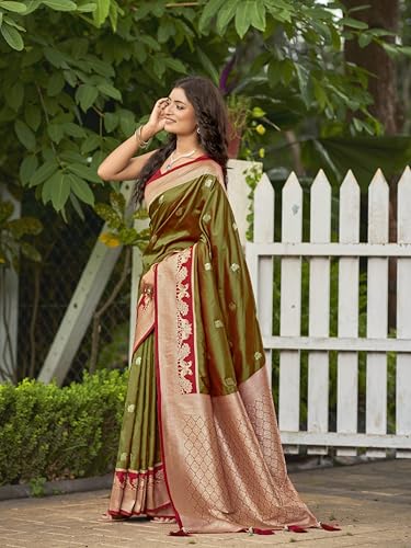 MANOHARI Women's Most Trendy Banarasi Satin Silk Woven Olive Green Animal Design Pattern Pattern Saree With Heavy Jacquard Work Saree With Blouse Piece_MN2037