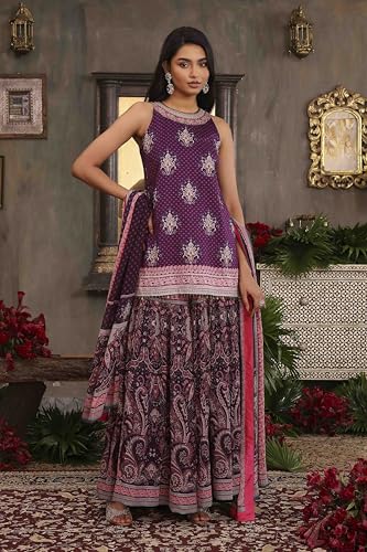 BIBA Women Purple Chanderi Digital Printed Garara Straight Suit Set_38