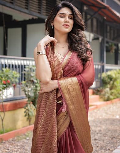 SIRIL Women's Chiffon Jacquard Weaving Saree with Unstitched Blouse Piece (4266S151_Brown)