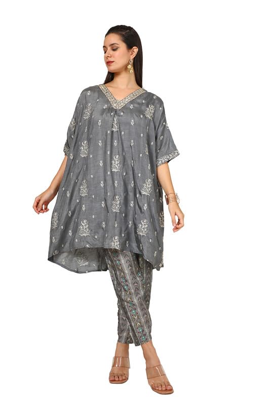 Soch Womens Grey Viscose Blend Embroidered Co-Ord Set With Mirror Work