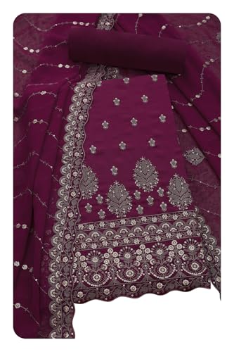 Soch Womens Wine Crepe Embroidered Unstitched Dress Material With Sequins