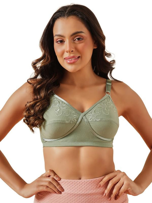 Clovia Women's Cotton Non-Padded Non-Wired Full Coverage Bra (BR2423P11_32B_Green)