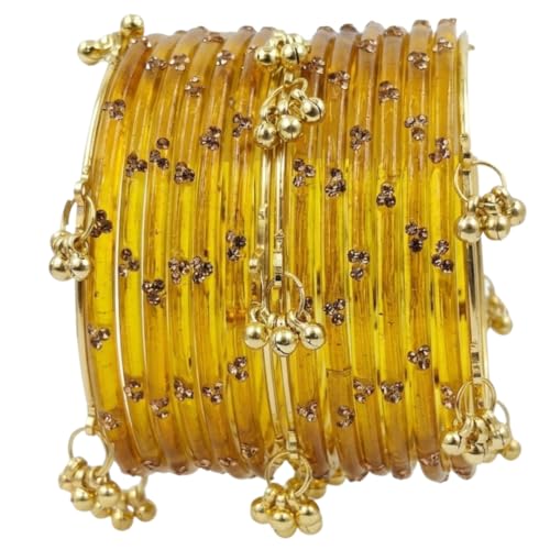 NMII Viral Multi Colour Glass Bangles with Golden Ghungroo Charms & Stone Work For Women & Girls | Trendy Kashmiri Bangles | Kangan Set For Women | Kanch Ki Chudiya - Set of 16 (NAB50_Golden-2.4)