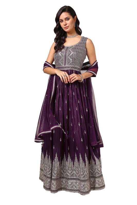 Soch Womens Wine Georgette Blend Embroidered Gown With Sequence Work