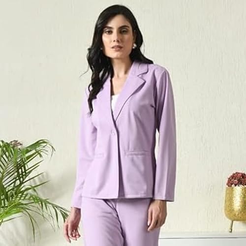 OFFICE PURPLE Cotton Blend Women's Blazer – Full Sleeves, Notched Lapel, Single-Breasted, 2 Pockets, Formal & Casual Wear (Lavender, L)