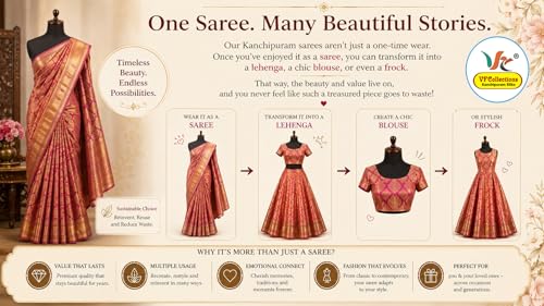 VFCollections Women's Traditional Handloom Kanchipuram Silk Pure Pattu Sarees | Rich Zari Woven Design | Bridal Saree | Unstitched Blouse (VFC718-4)