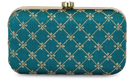 TOOBA Turquoise Velvet Embroidered Jaal Clutch Bag – Ethnic Handcrafted Purse with Gold Chain Strap for Women, Ideal for Festive