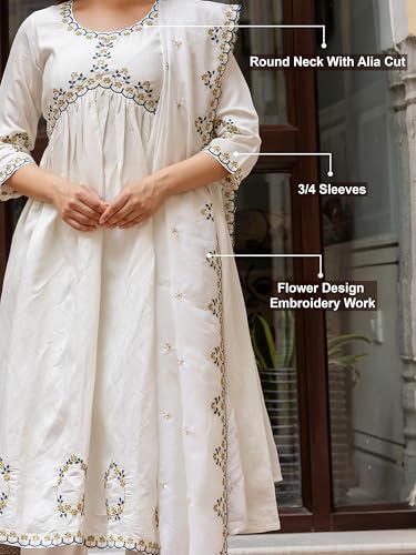 TRENDMALLS Women's Chanderi Silk Embroidery Salwar Suit Set Kurta Pant with Dupatta (G274-OffWhite-S-)