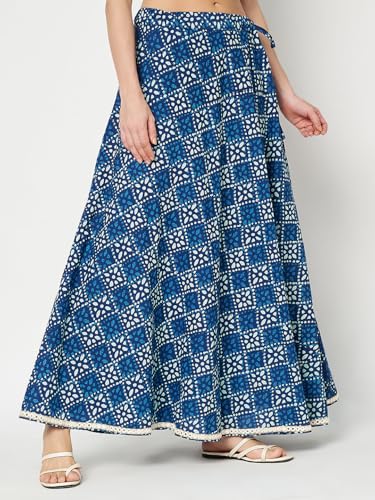 studio rasa Women's Cotton Printed Embellished Bias Skirt for Wedding Festive Party (SKTC52406_Blue_Medium)