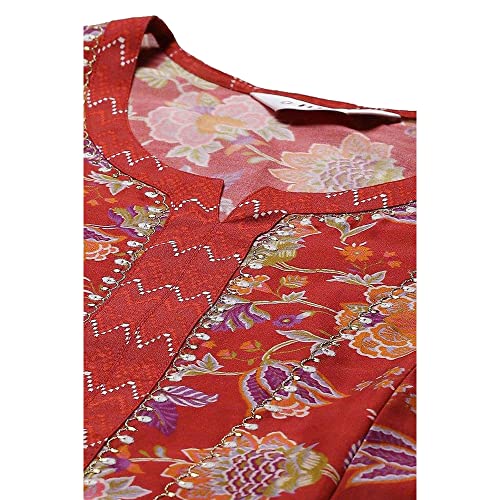 BIBA Women Printed Flared Cotton Blend Salwar Kurta Dupatta(Skd7492_Red_42)