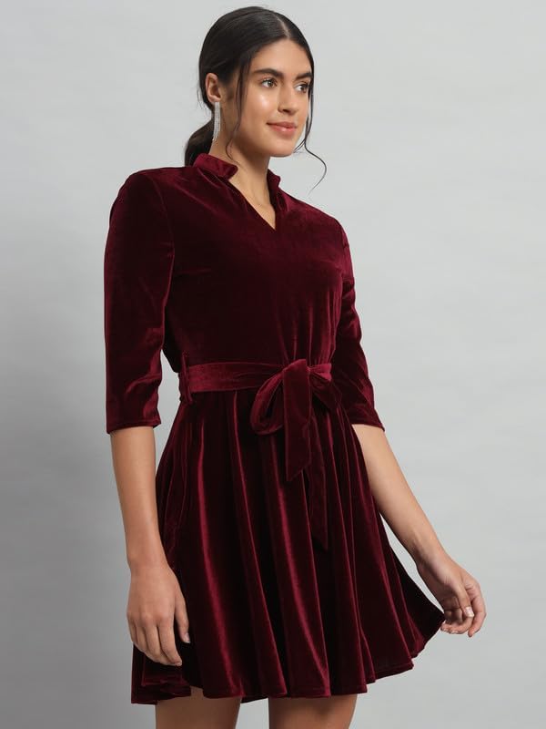 Vaararo Velvet Fit & Flare Mini Dress | Elegant with Belt & Mandarin Neck Sporty Maroon X-Small