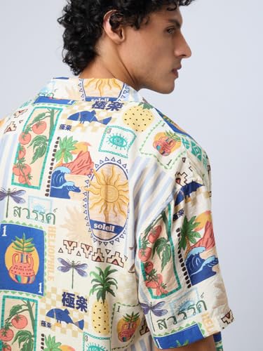 The Souled Store Originals: Soul Traveller Men and Boys Short Sleeves Collared Neck Multicolor All Over Printed Viscose Blend Regular Fit Casual Holiday Shirt