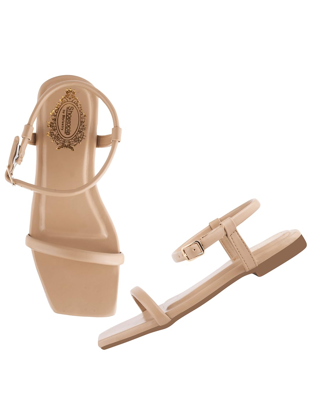 Women's Tan Ankle Strap Sandals – Minimalist Flat Sandals with Buckle Closure – Casual & Party Footwear EU42