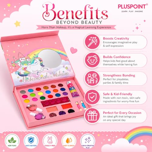 PLUSPOINT Unicorn Kids Makeup Kit for Girls | Pretend Play Beauty Set | Non-Toxic Washable Makeup Toy | Eyeshadow, Blush, Lip Gloss & Accessories | Birthday Gift for Girls Age 5+ Years