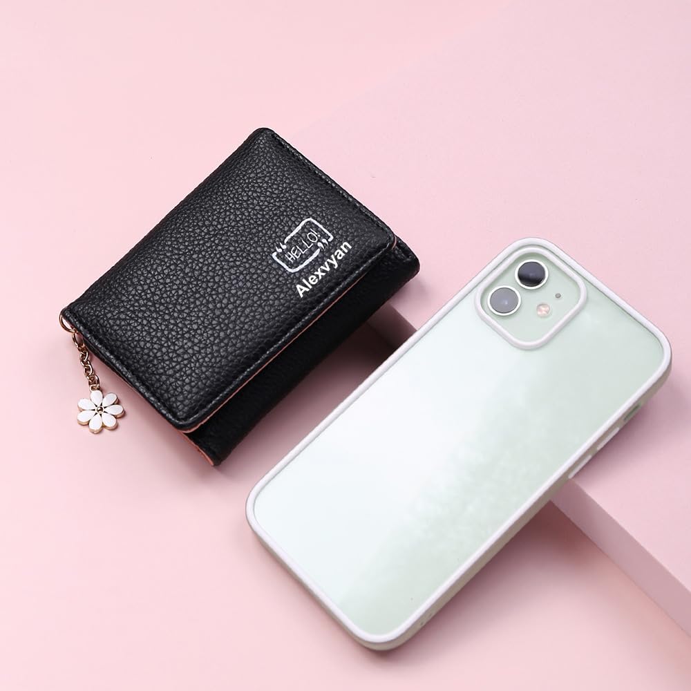 Alexvyan Black Hello Small Tri-Fold Women's Purse Wallet Card Organizer Female Hand Purse Clutch Women/Ladies/Girls Wallets 5 Card Holder 1 Long & 1 Small Pocket