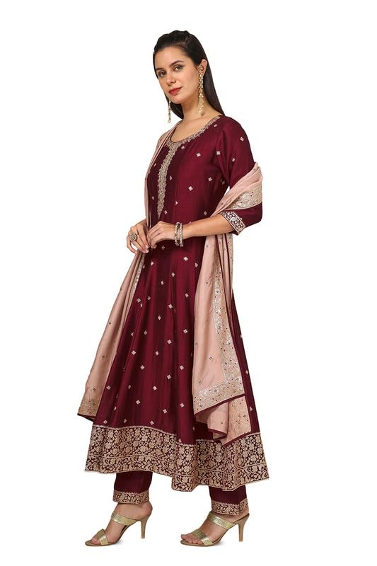 Soch Womens Maroon Silk Blend Suit Set With Sequins