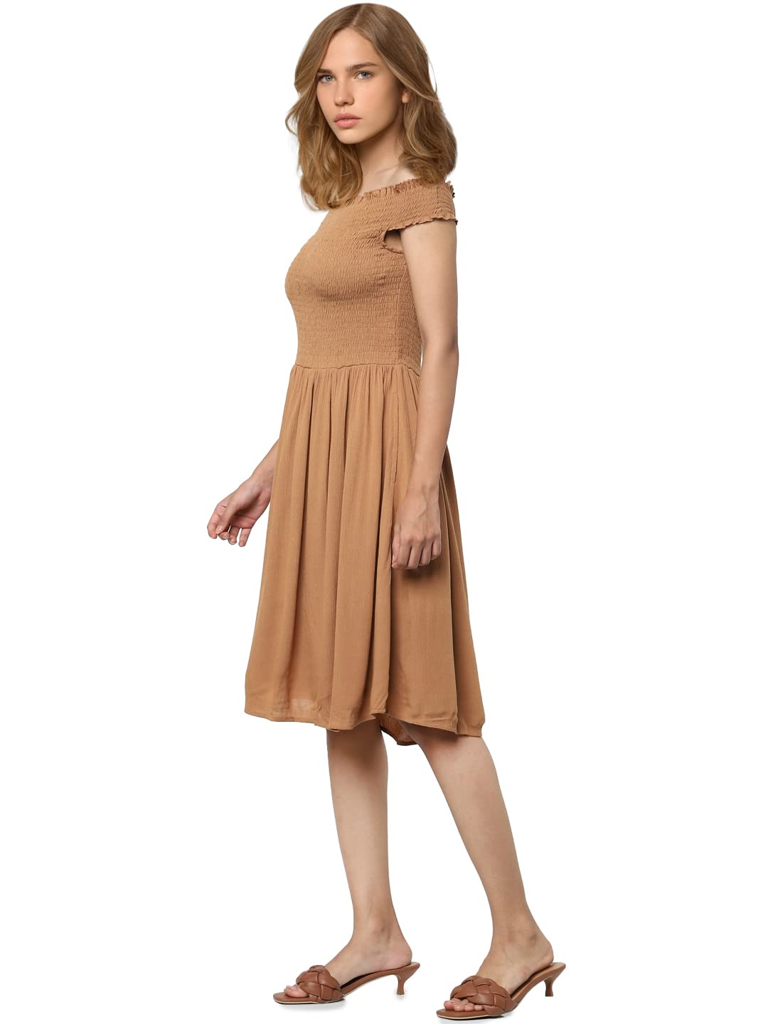 Only Women's Viscose A-Line Knee-Length Dress (15280970-Tobacco Brown_Tobacco 38)