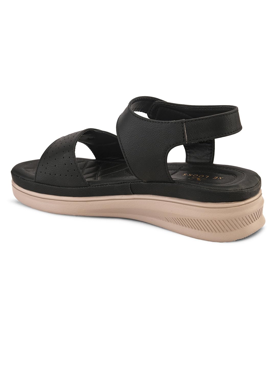 XE Looks Women's Black Comfort Stylish & Trendy Sandal with Perforated Strap & Adjustable Back Closure